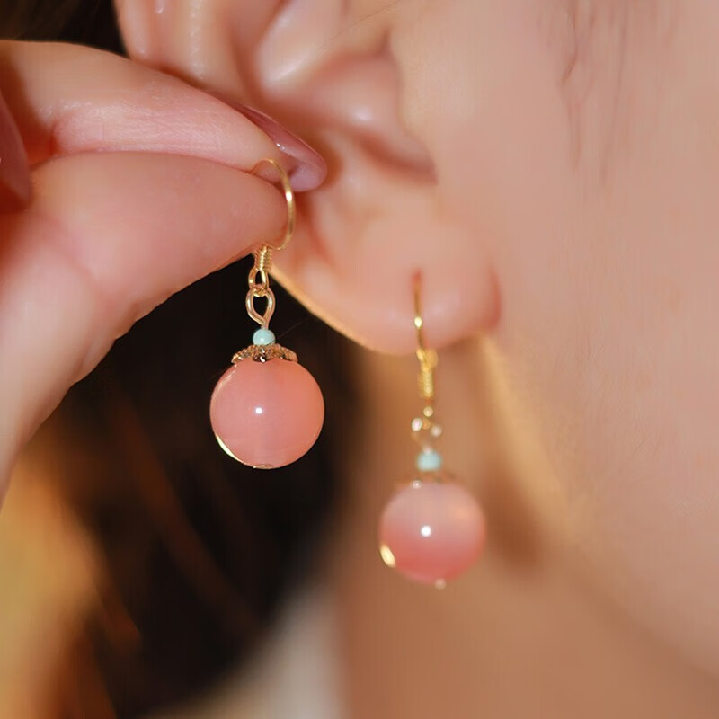 千弗桃花绯红玛瑙耳环女粉色气质国风耳饰女小众生日礼物送女友闺蜜