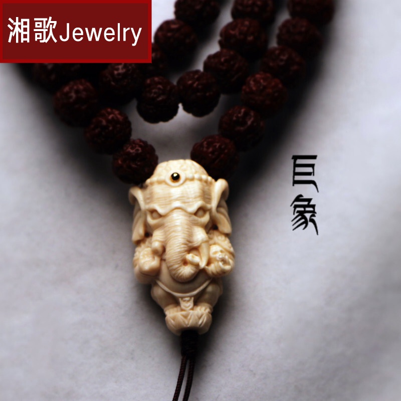 湘歌 手工猛犸牙三通猛犸牙雕刻一体三通象神三通佛头手串配饰生日