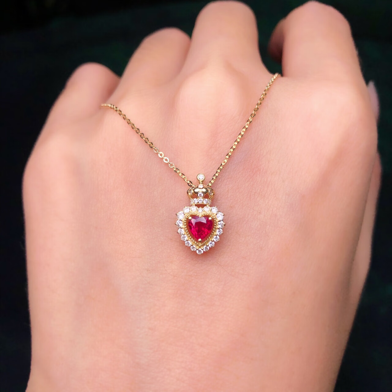 royalpick 珠宝红宝石爱心形项链皇冠镶钻石18k金送人女朋友老婆节