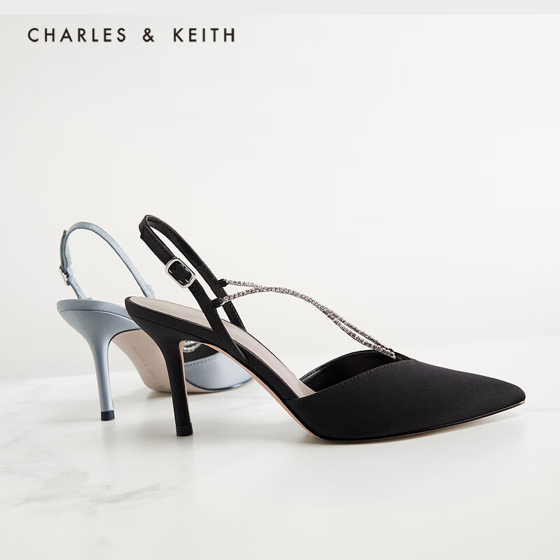CHARLES＆KEITH2021春夏新品CK1-60280280-A女士链条尖头高跟凉鞋 Black黑色 40