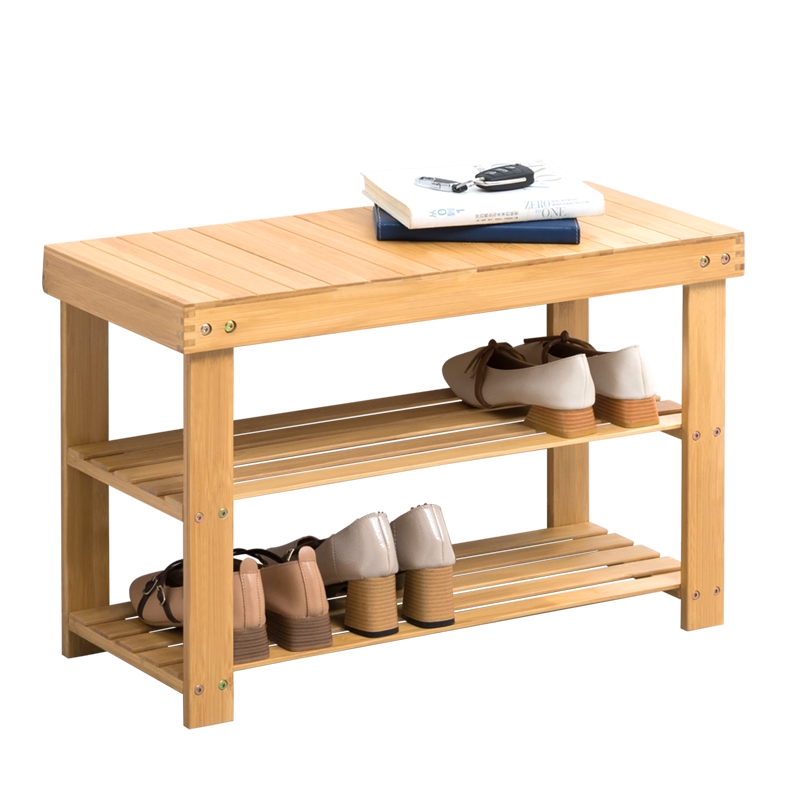 老竹匠简易多功能防尘鞋架子客厅多层楠竹简约换鞋凳大容量鞋凳置物架子-二层原色66cm长