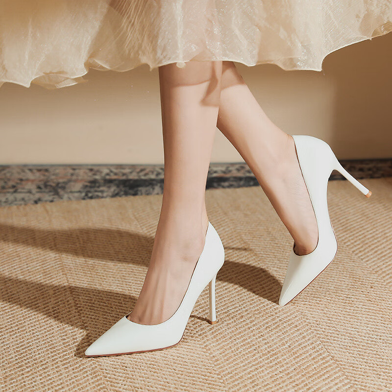 baldauren高跟鞋女士细跟单鞋尖头性感情趣小香风白色法式时装秋季