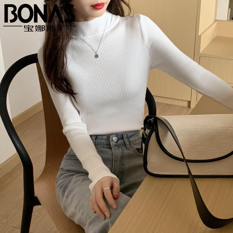 宝娜斯（BONAS）半高领长袖毛衣女基础内搭打底衫春秋冬韩版修身针织衫女上衣 半高领白色 均码 (80-140斤)