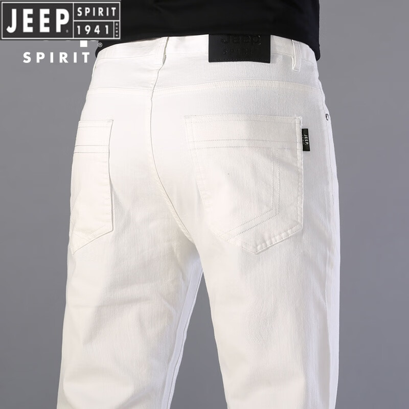 吉普（JEEP）白色牛仔裤男士轻奢气质设计感修身直筒韩版潮流休闲百搭棉裤 白色 29码(腰围2尺2)