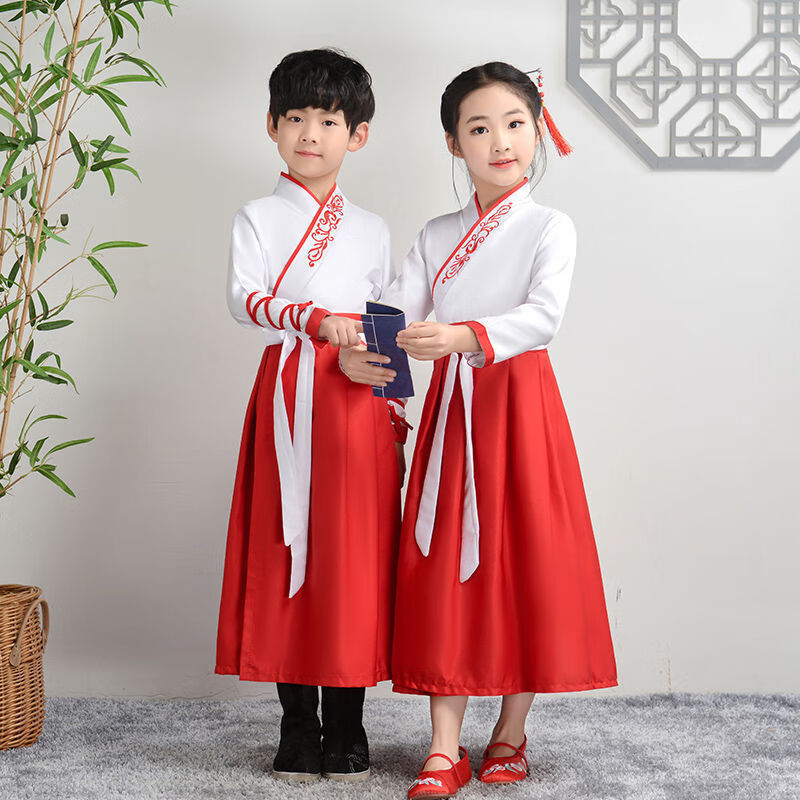 婴为萌儿童汉服春秋新款男童国学服女童古装襦裙小学生演出服女孩表演服 红色直袖 110高性价比高么？