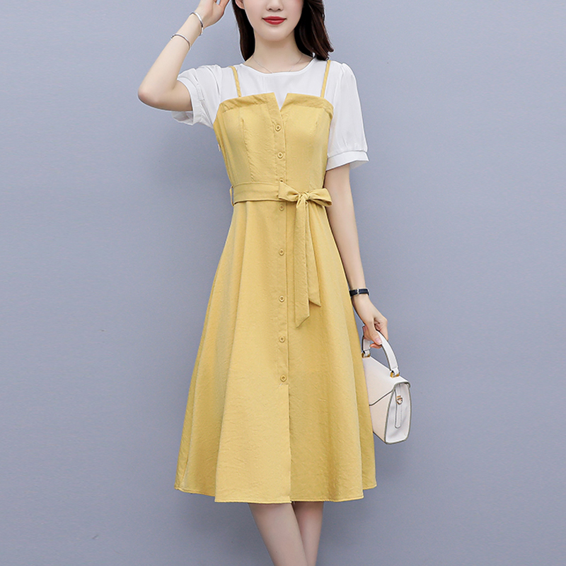 京靠 新款时髦气质女神范今年流行裙子2021新款韩版洋气减龄收腰显瘦中长款短袖连衣裙 黄色 M