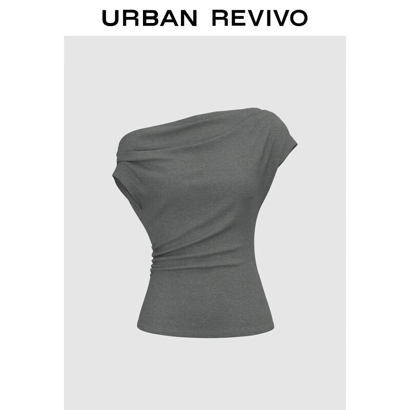 UR2025秋季新款女装时尚气质褶皱斜肩修身T恤UWG450188