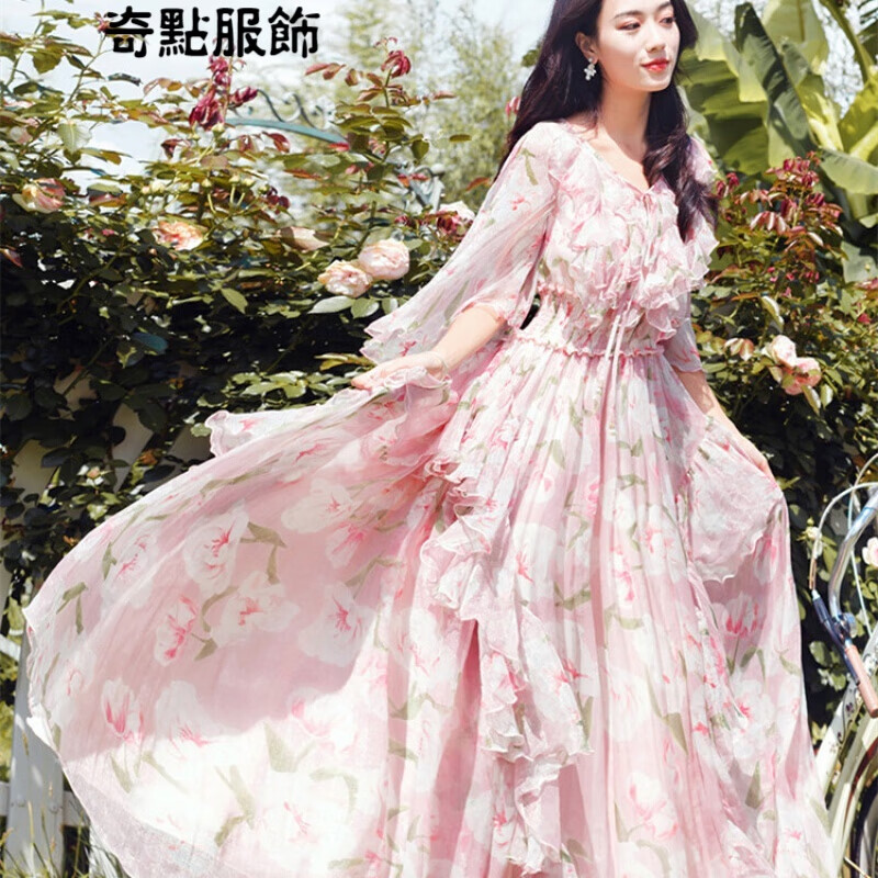 欧式复古宫廷裙夏装仙子甜美公主仙女连衣裙荷叶边大摆长裙(定制)