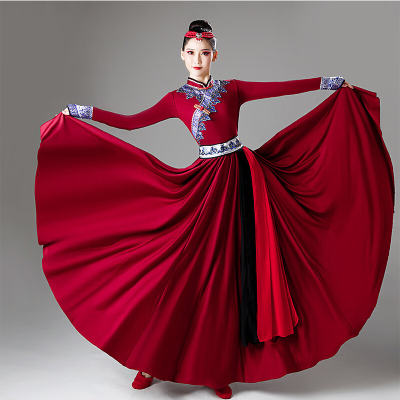 炫逐蒙古族服装女装演出服蒙古舞蹈演出半身大摆裙少数民族表演服成人 酒红色上衣+裙长85cm S