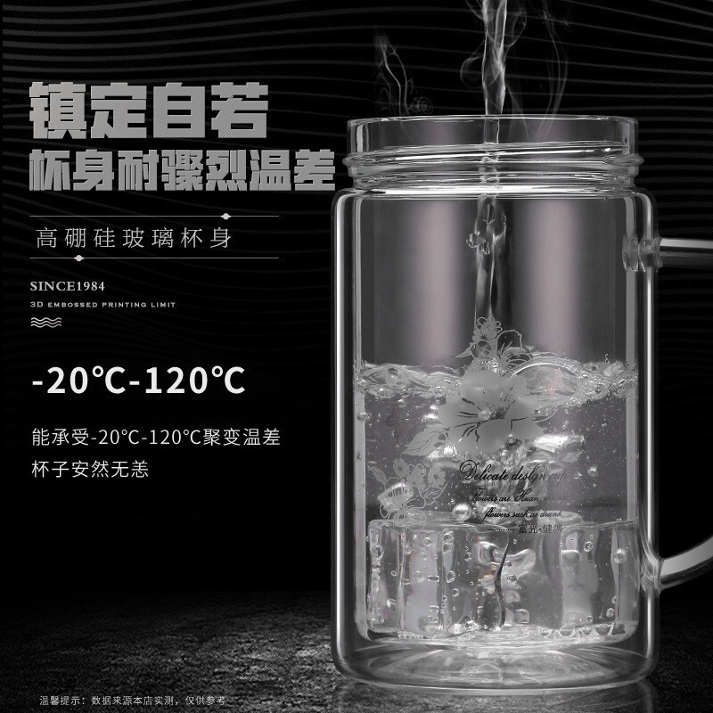 富光 双层玻璃杯男女士大容量办公杯带把手带滤网泡茶杯 隔热防烫水杯 570ml钢本色