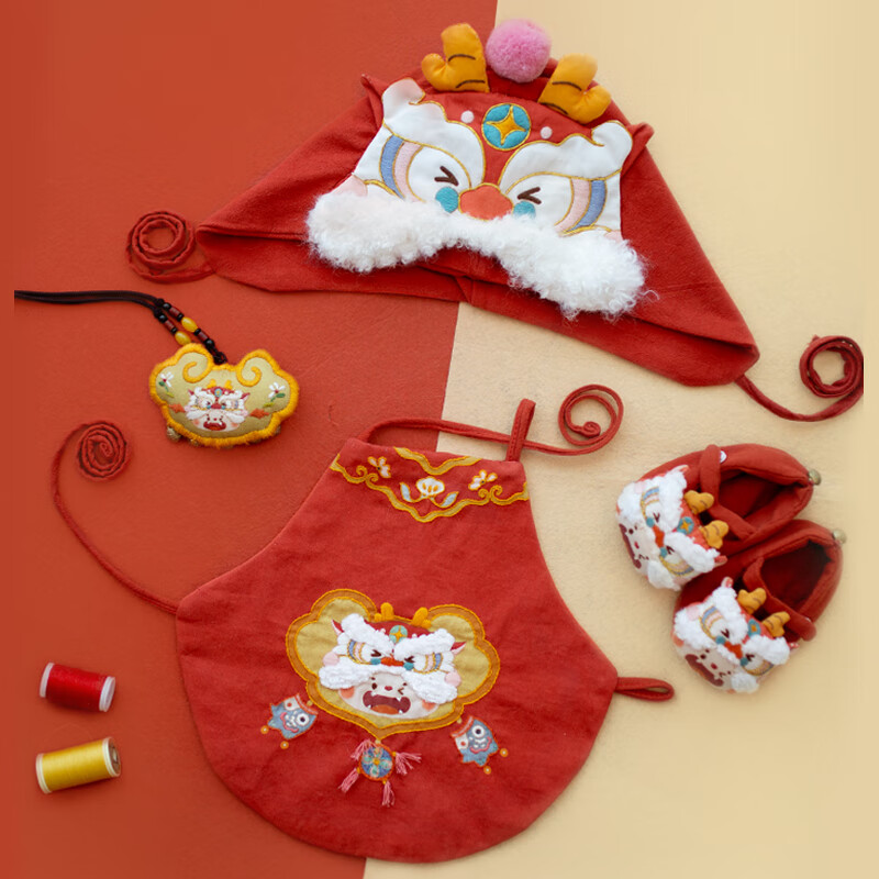 哈尼手工哈尼龙年宝宝醒狮虎头鞋帽肚兜手工diy材料婴儿周岁纪念礼物 龙年醒狮虎头帽 京东折扣/优惠券