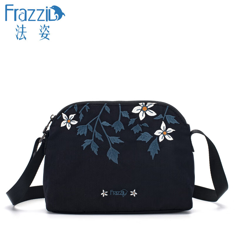法姿（FRAZZIL)法姿時(shí)尚女包小布包斜挎包女帆布刺繡百搭單肩小包輕便旅游媽媽包 黑色梨花刺繡1788