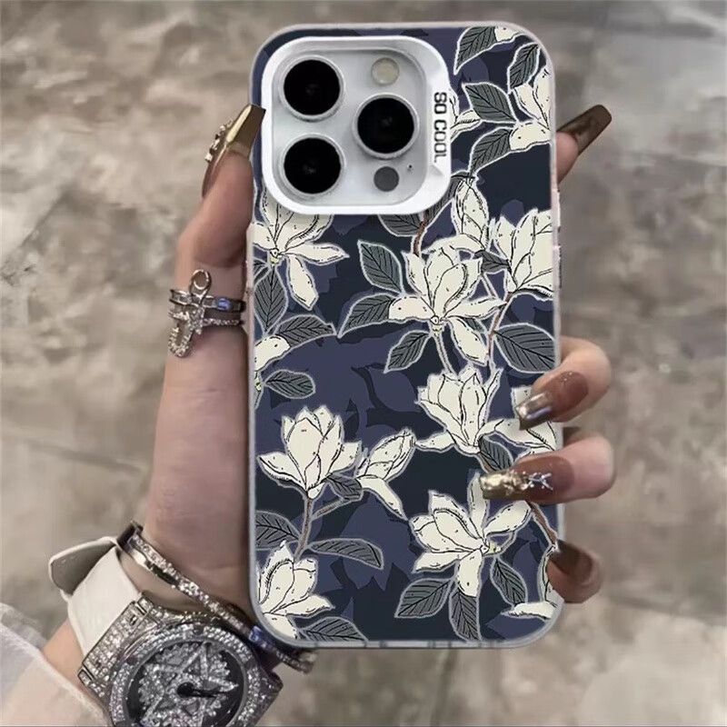 固返 新款玉兰花适用苹果15promax花朵手机壳iphone14plus创意13/12vivo华为opporeno小米男女情侣磨砂 【玉兰花】白框彩银（软边不发黄） iPhone 13Promax