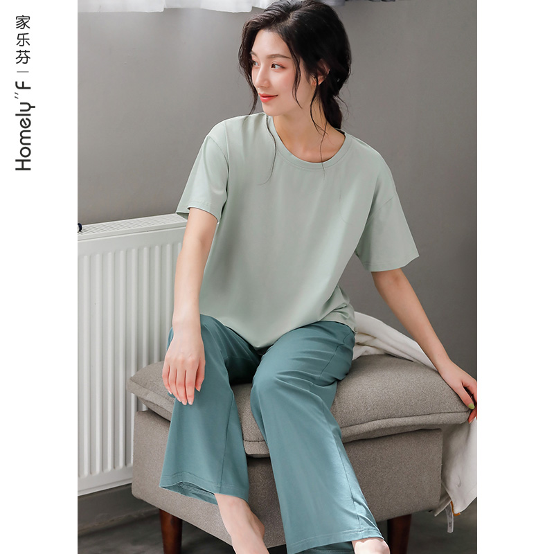 家樂芬[萊卡棉]睡衣女士夏季純棉短袖長褲家居服夏天薄款休閑可出門套裝 A823013【標準褲腳】 M 碼 （體重90-110斤)