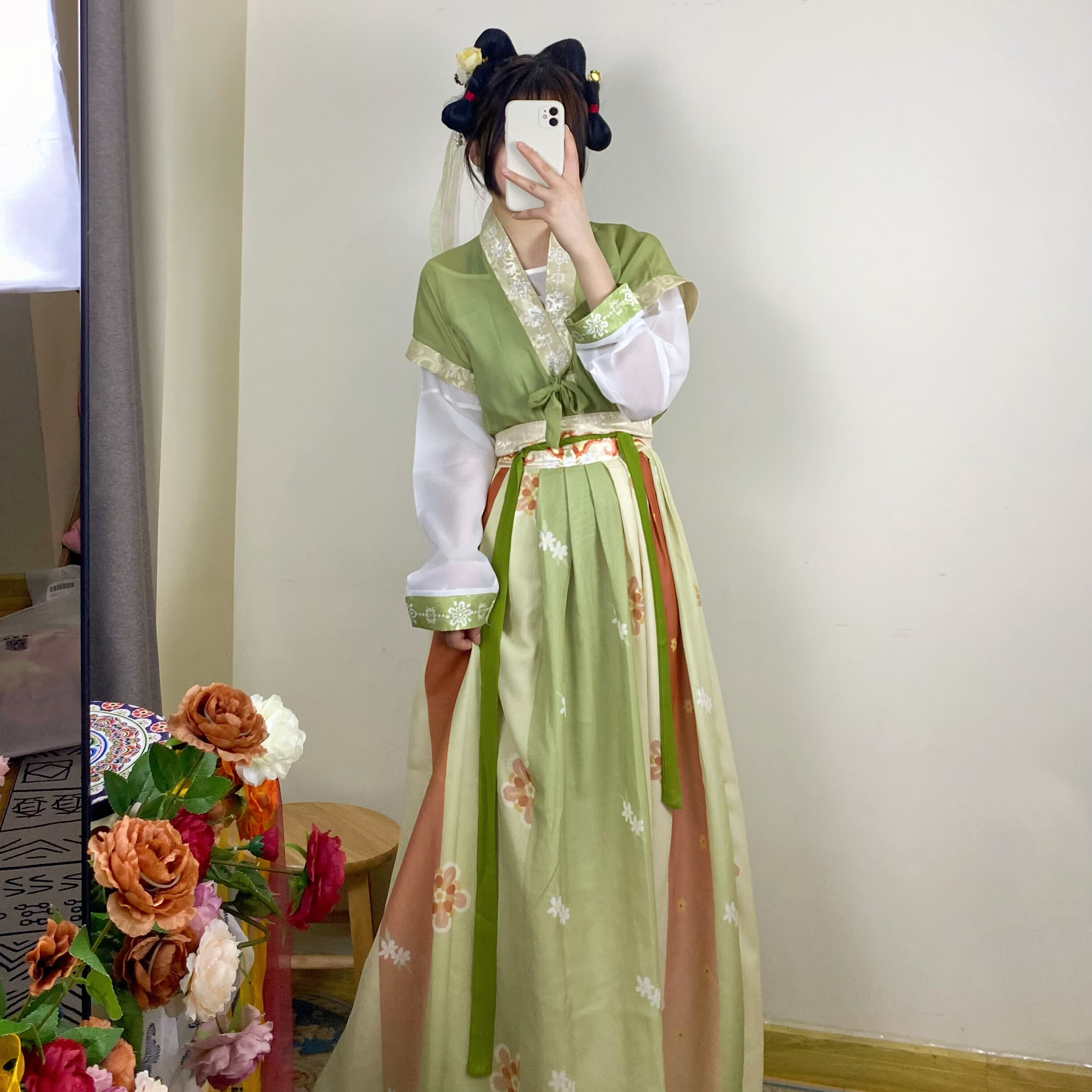 荣阔汉服成人女唐制微胖唐褙子汉服女圆领对襟衫齐腰襦裙复原裙 绿色