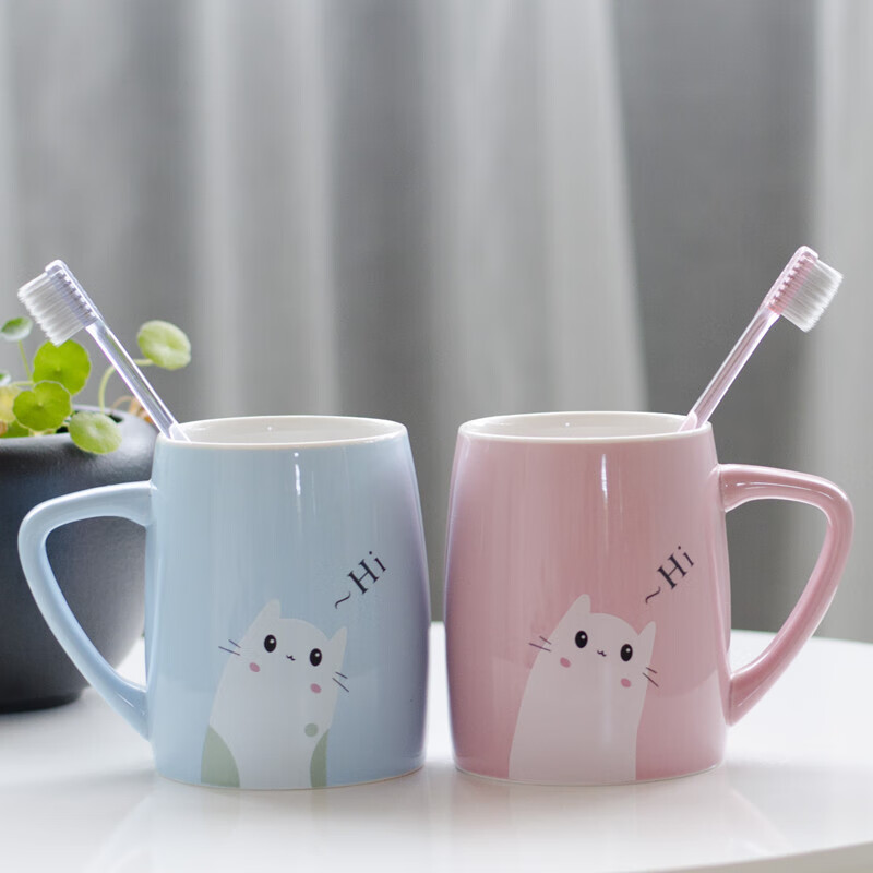 abdo 漱口杯嗽口杯牙杯牙缸刷牙杯陶瓷簡約小清新情侶牙刷洗漱杯套裝 藍(lán)粉一對 (刻字請備注)