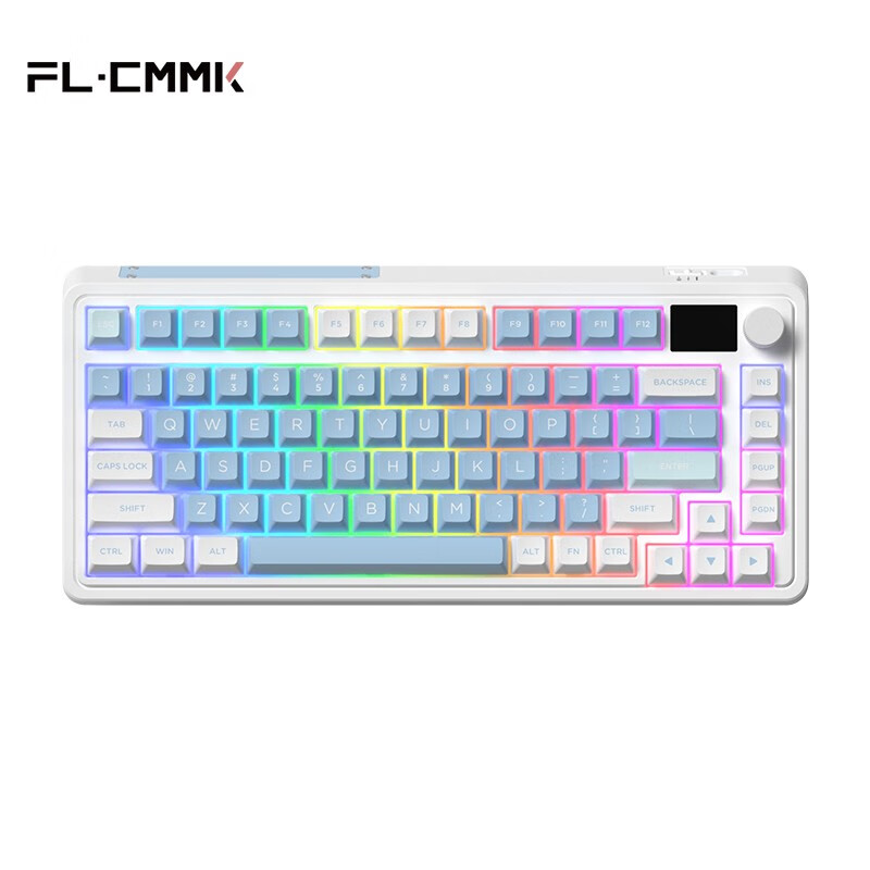 腹靈CMK75 藍(lán)牙/2.4G/有線三?？椭苹瘷C(jī)械鍵盤熱插拔多媒體旋鈕正刻側(cè)刻PBT鍵帽gasket電競(jìng)游戲 三模白面-湖畔藍(lán)正刻 冰川紫軸