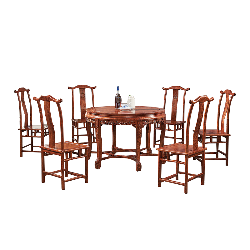 正荣府 红木家具非洲花梨(学名:刺猬紫檀)实木餐桌 圆形餐桌椅组合 中式小圆桌餐厅饭桌 118单桌+6椅子送货到家
