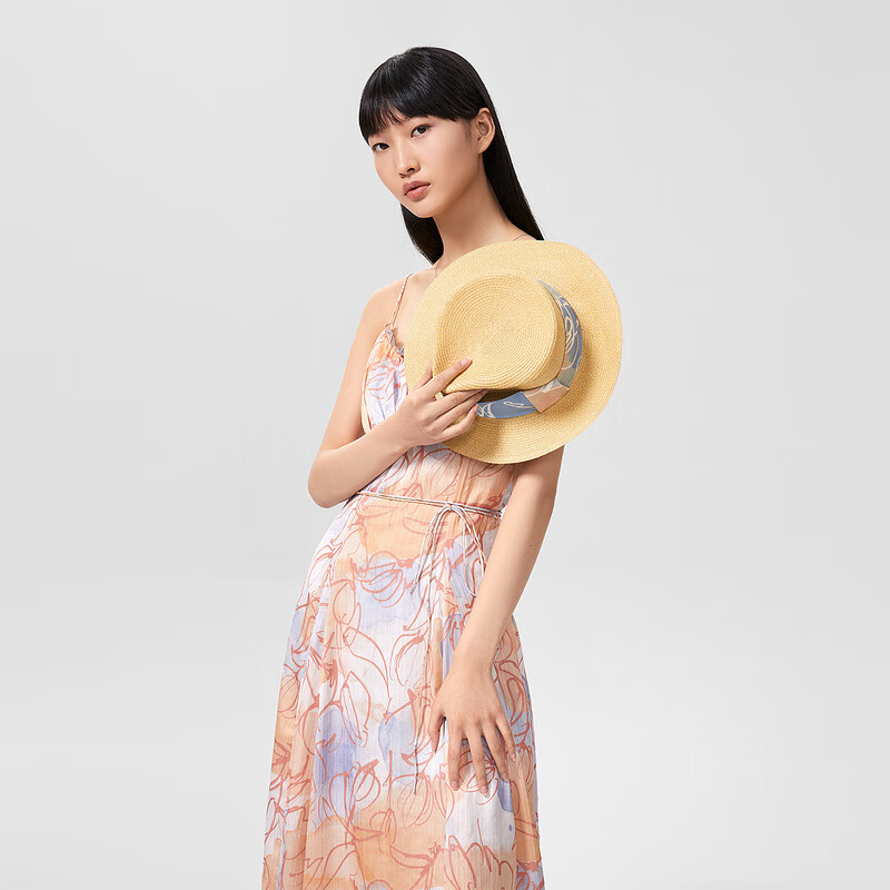 OVV【郁金香系列】OVV2022春夏新款女装水彩印花吊带连衣裙 浅橙花纹06 S