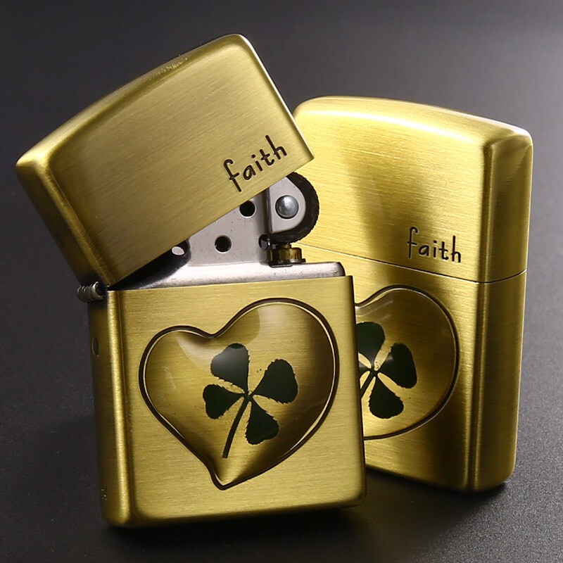 zippo之宝打火机煤油zp真叶四叶草标本水晶贴片爱心幸运草忠诚不渝的