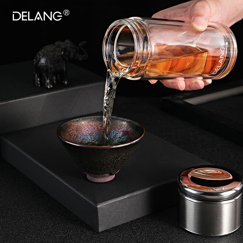 德琅(DELANG)德国品牌水杯双层玻璃杯商务办公玻璃杯 茶水分离杯8006-玫瑰金-礼盒装