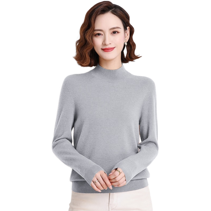 恒源祥100%純羊毛衫女半高領(lǐng)毛衣女寬松打底衫秋冬季時尚女裝針織衫上衣