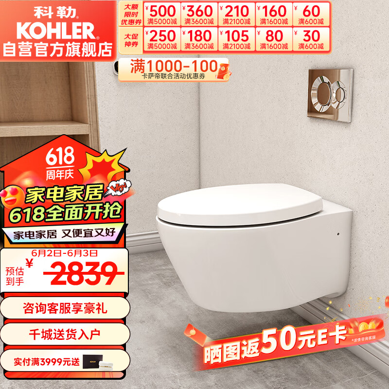 科勒（KOHLER）家用壁挂式马桶挂墙坐便器水箱墙排直冲马桶 K-25446（一级水效）