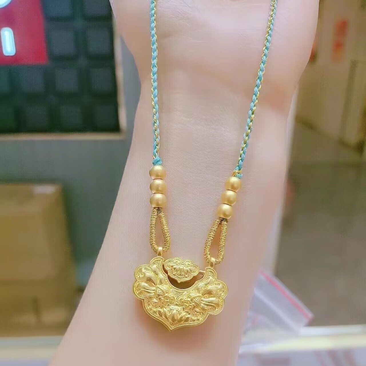 dlez老凤凰黄金平安锁吊坠编织项链足金999锦鲤长命金锁包桃花送女友