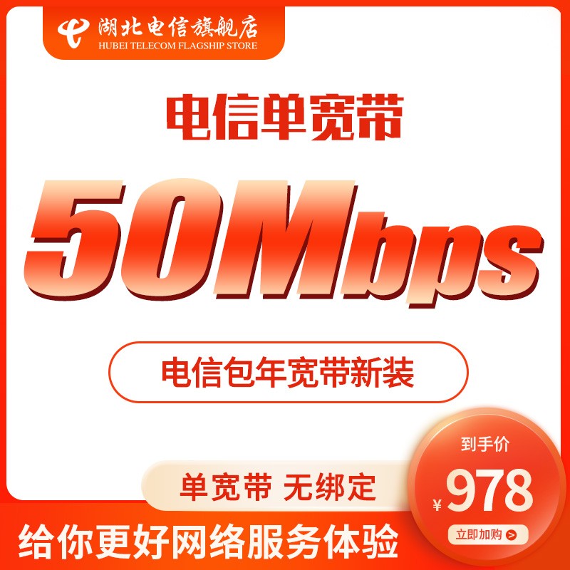 中国电信（CHINA TELECOM） 新装宽带包年武汉单宽带包年办理50M100M新老用户皆可办理 50M单宽带包年（含调测费）