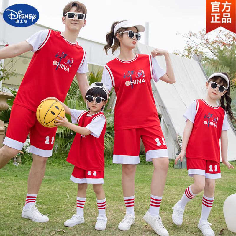 迪士尼（Disney）高端亲子装夏装一家三口四口母女装2024新款潮洋气篮球服父子套装 红色【套装】 妈妈XXL (125-135斤)