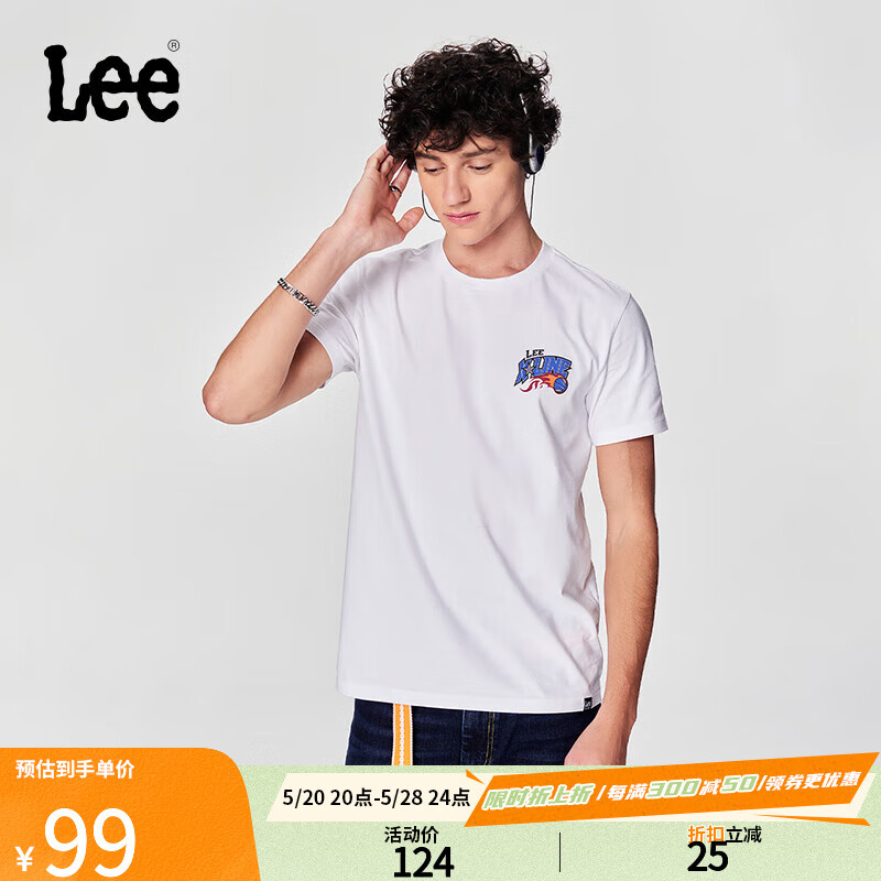 Lee24春夏新品标准版篮球元素印花男圆领短袖T恤休闲潮流 白色 L