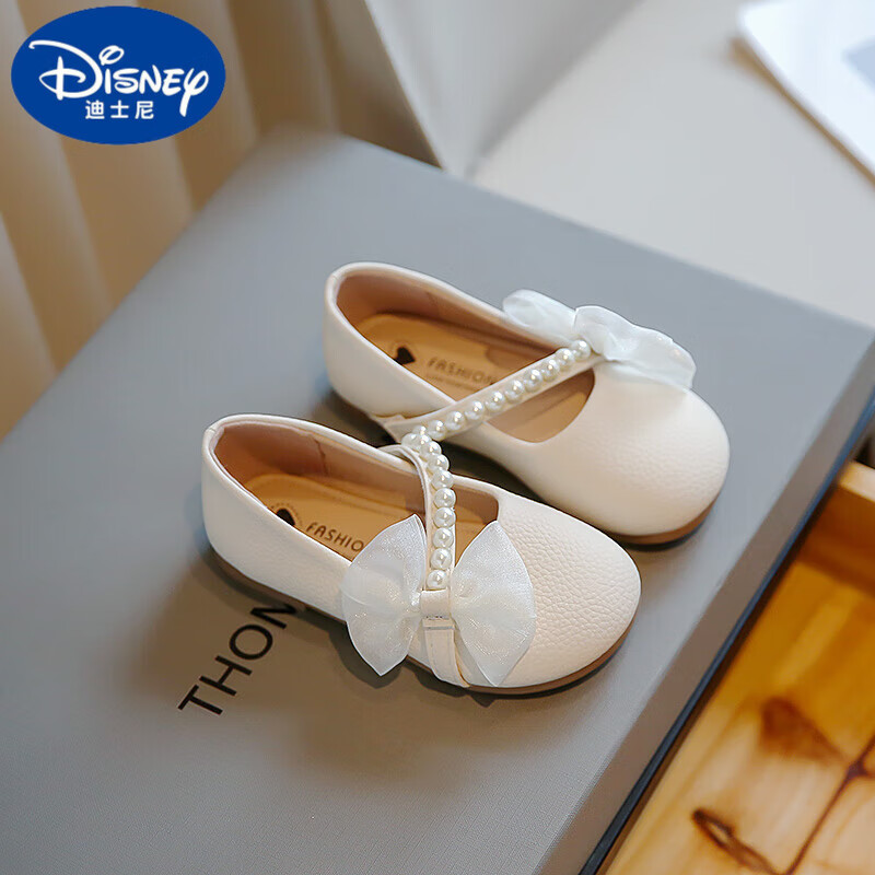 迪士尼女童皮鞋夏季2024新款小女孩珍珠单鞋宝宝软底洋气儿童豆豆公主鞋 白色 31码 内长18.8cm