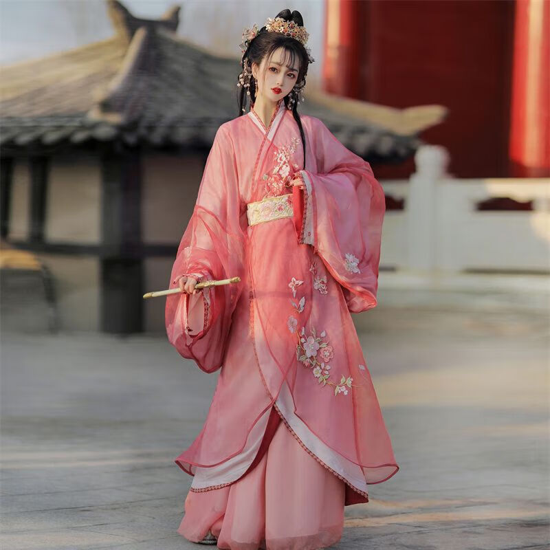月下升歌汉服女改良汉服绣花显瘦仙气高端潮流 桃红色绣花全套含腰封