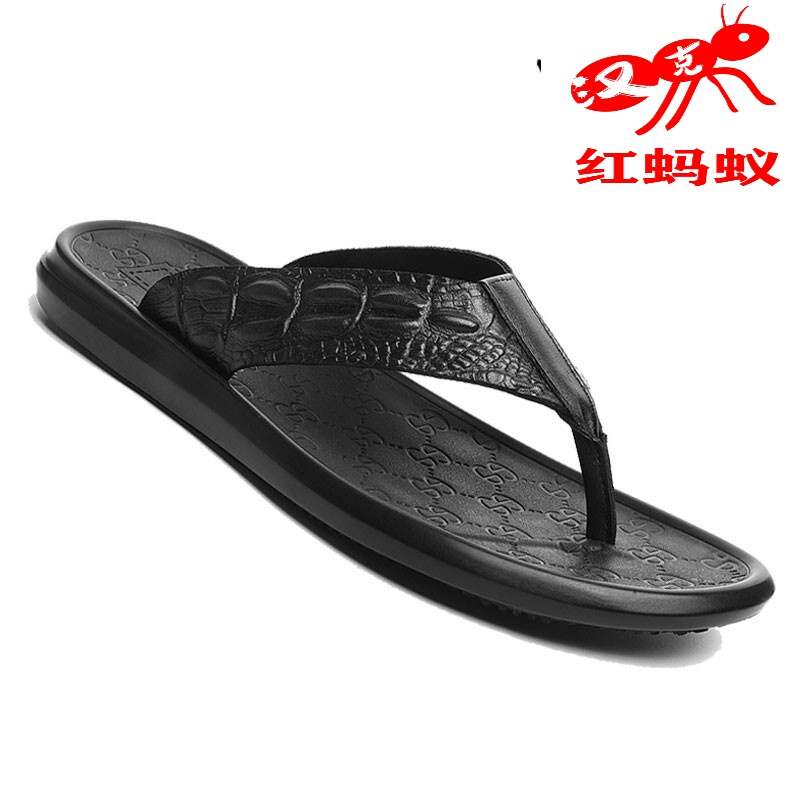 汉克红蚂蚁拖鞋男人字拖牛皮鳄鱼纹夹趾皮拖潮流个性青年室外穿夹脚