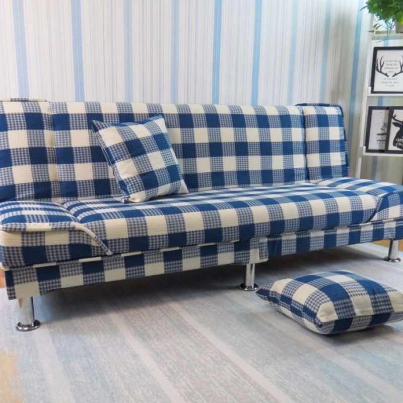 沙发小户型布艺沙发简易客厅可折叠沙发单人双人三人沙发房沙发床 蓝白格-棉麻 四人座长度1.8米：不带抱枕
