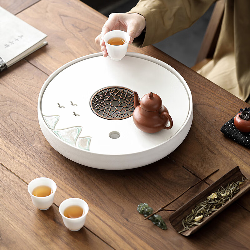 博为（BW）陶瓷圆形茶盘家用功夫茶具托盘简约蓄水小茶盘
