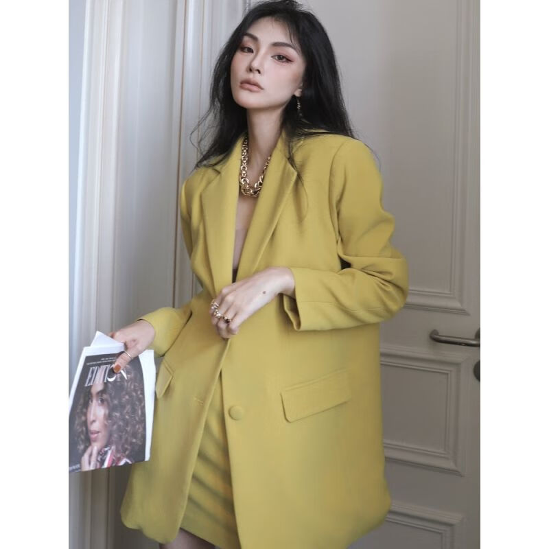 革代(gedai)大码胖mm宽松双排扣黑色西服芥末黄中长款职业西装早秋