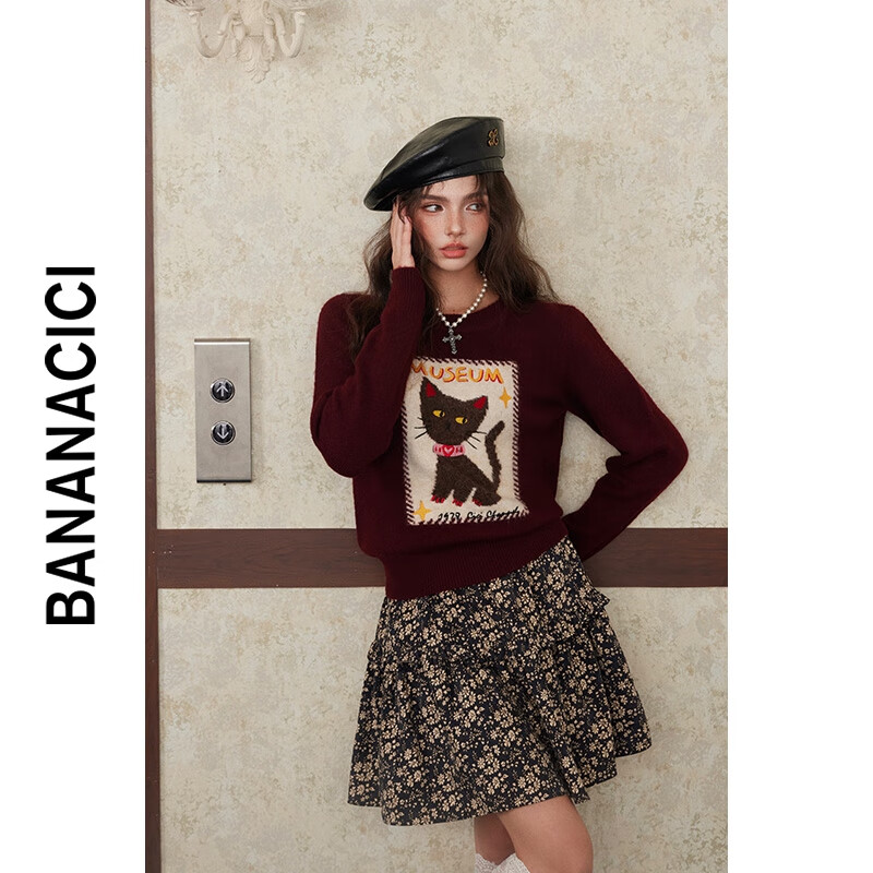 banana cici2024年冬季新款原创撞色猫咪刺绣针织衫安可拉红毛衣C244MY208 枣红(暗红) S