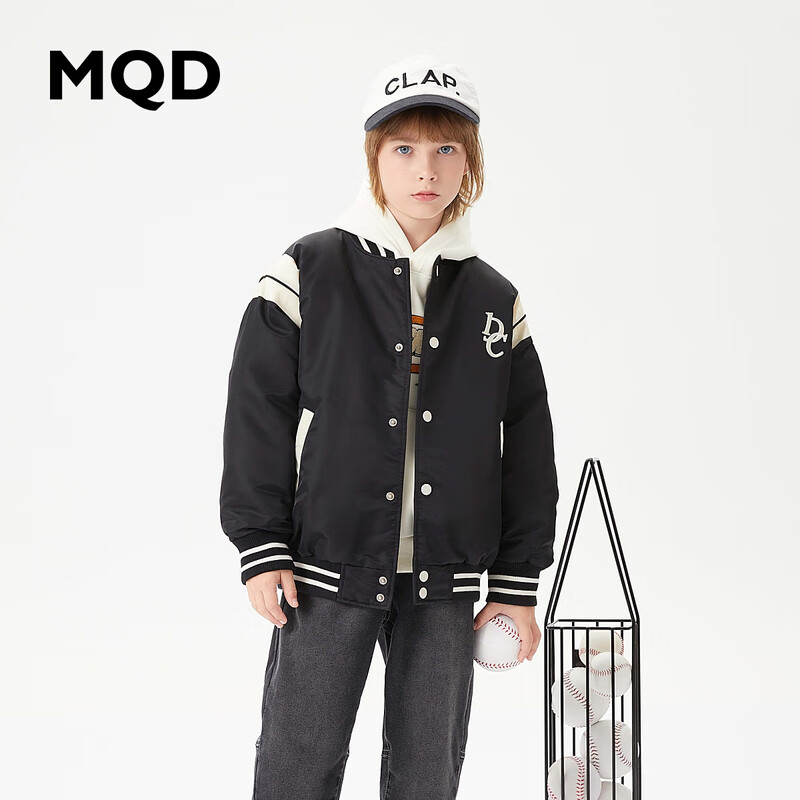 MQD童装男大童冬季学院风棒球领羽绒服 黑色 150