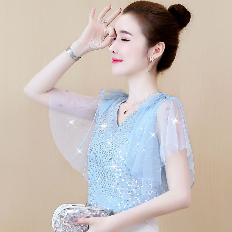 浮泽时尚夏季雪纺衬衫女装2023新款潮流很仙的上衣洋气短袖超仙女气质 粉色1668# S