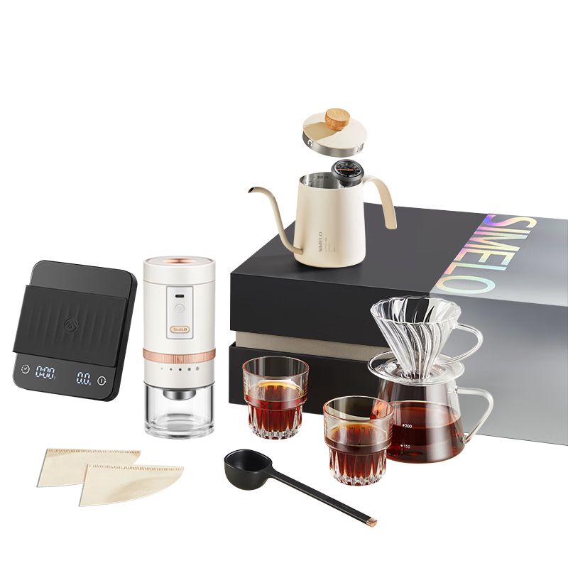 SIMELO施美乐手冲咖啡壶套装电动磨豆机手冲壶龙年节庆礼盒礼物10件套白