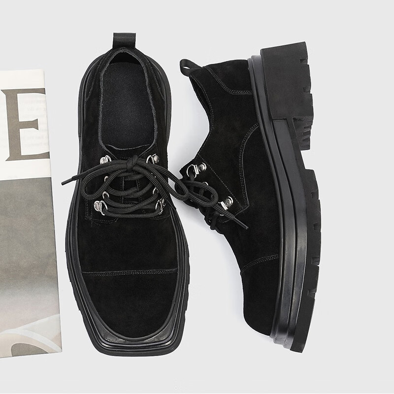 春季新款粗跟增高休闲商务黑棕色方头磨砂皮前系带男士马丁靴 黑色 38