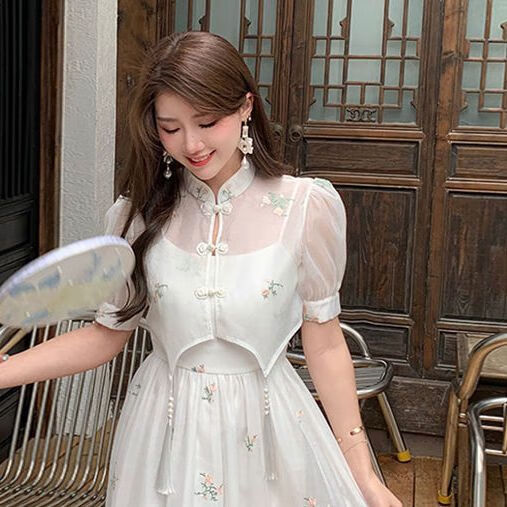 歆栩民国风小洋装连衣裙新中式文艺复古防晒小上衣吊带两绣花时尚