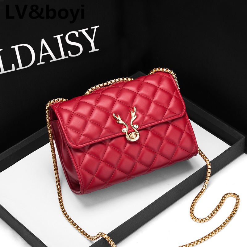 lvboyi包包2023小鹿角单肩包女式斜挎链条包菱格包女士包包 红色