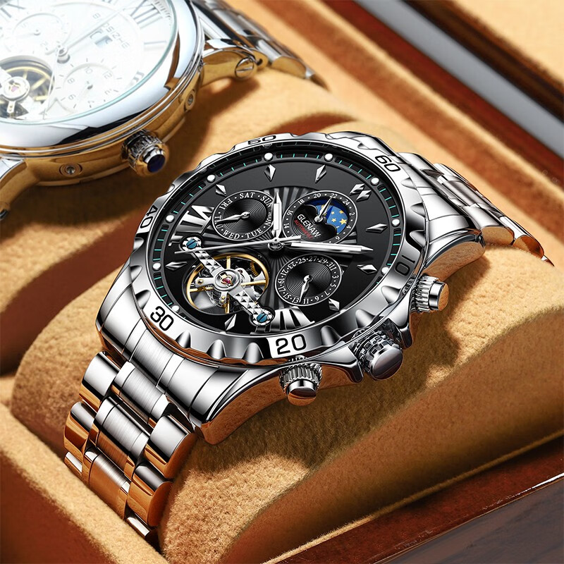 格伦手表男士全自动机械表镂空飞轮时尚潮流男表多功能商务机械腕表