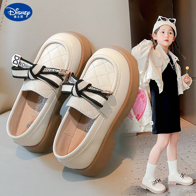 迪士尼(disney)女童黑色小皮鞋2024春秋季新款儿童小女孩公主鞋豆豆鞋