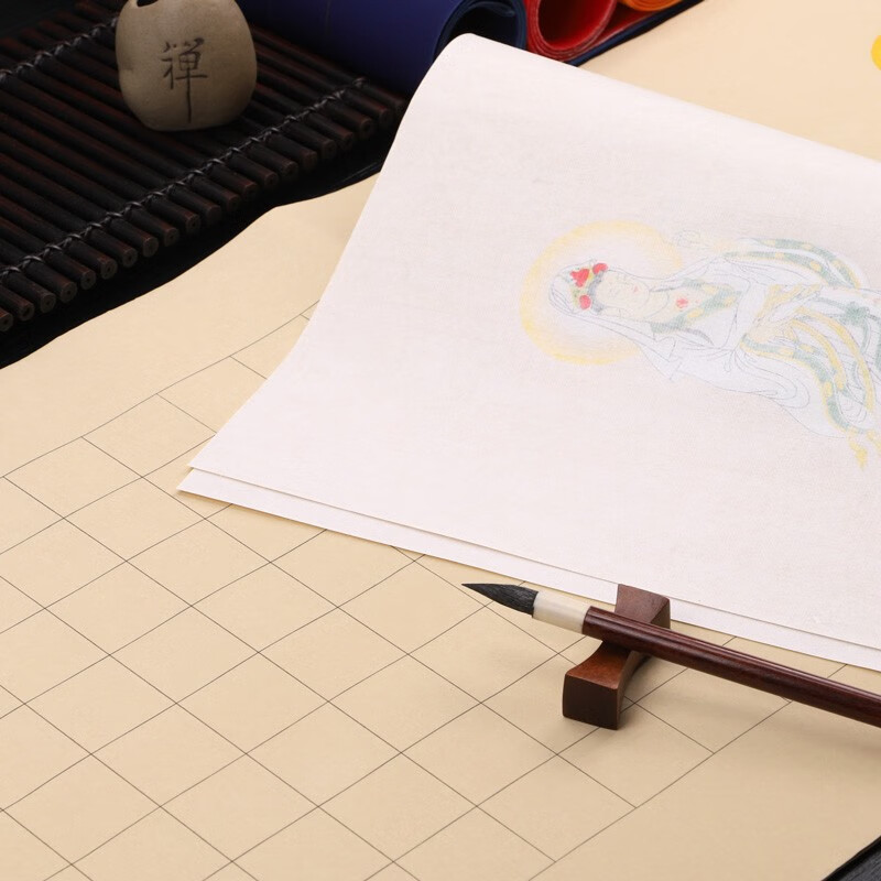 希古斋 蜡染彩绘观音心经方格宣纸四尺对开半生熟3厘米格子288格带落款小楷毛笔书法创作品专用 仿古色(3cm格子-288格) 四尺对开:34*138厘米(5张/包)