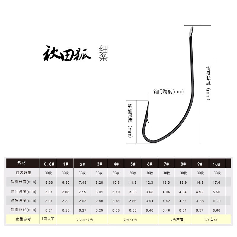秋田狐鱼钩细条长柄散装野钓鲫鱼黄尾餐条钓鱼钩 黑色【秋田狐鱼钩】