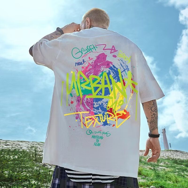 翘妃宽松男短袖欧美街头潮牌大码胖子装半袖hiphop字母涂鸦嘻哈t恤