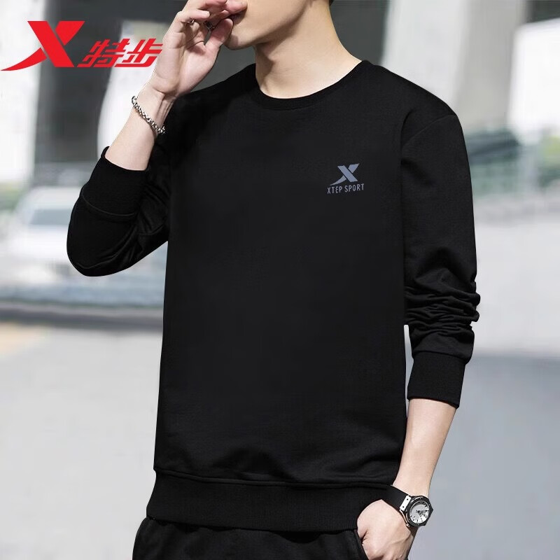 特步（XTEP）卫衣男装长袖t恤秋冬季男士运动服休闲运动上衣黑套头衫保暖外套 黑色 L /175